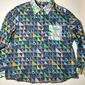 Manoush Geometric Button Down Shirt With Front Pocket 100% Silk Sz 10 F